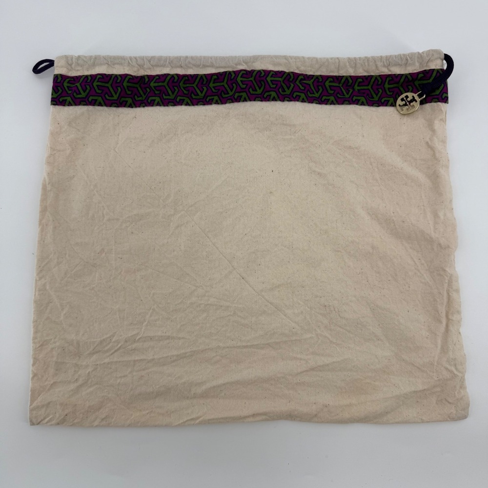 Tory Burch Cream Canvas Drawstring Dust Bag with Purple Green Trim Gold Logo